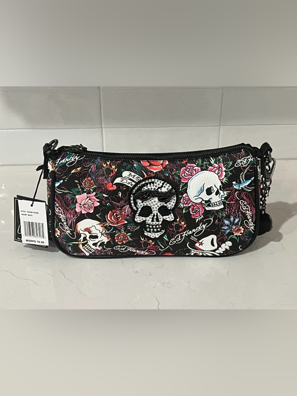ED HARDY Black Skull Roses Floral Tattoo Shoulder Bag Crossbody Purse Grunge Y2K